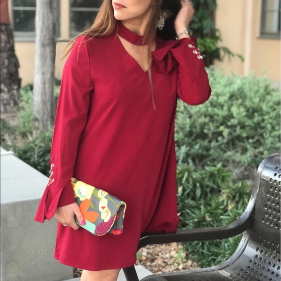 Crimson skater dress w/choker & v-neck, Gorgeous! Sz M - Picture 4 of 16